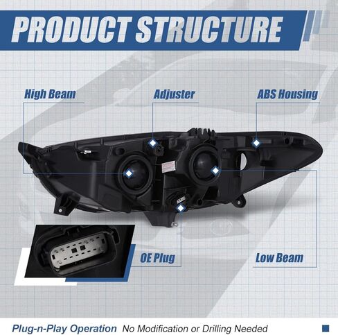 مجموعة المصابيح الأمامية من Auto Dynasty متوافقة مع 2013 2014 2015 2016 Ford Fusion، استبدال المصابيح الأمامية الهالوجين الجانبية للسائق والراكب، FO2502304 FO2503304، زاوية شفافة للمبيت الأسود in Kuwait