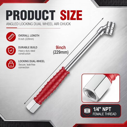 2 Pack 9" Dual Head Air Chuck for Tires, 1/4" Fnpt 2-Way Tire Inflator Chuck, Extended Reach Angled Tire Inflator for Rv, Trailer, Dually Tires, Tight Spaces & Hard to Reach Valve Stems in Saudi Arabia
