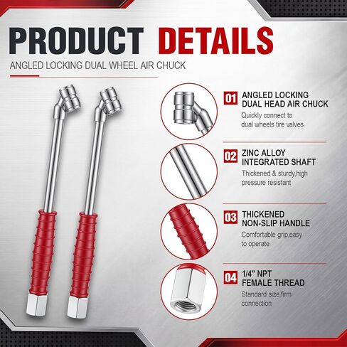 2 Pack 9" Dual Head Air Chuck for Tires, 1/4" Fnpt 2-Way Tire Inflator Chuck, Extended Reach Angled Tire Inflator for Rv, Trailer, Dually Tires, Tight Spaces & Hard to Reach Valve Stems in Saudi Arabia