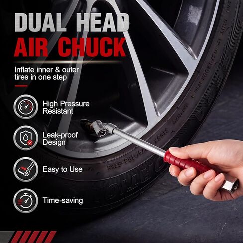 2 Pack 9" Dual Head Air Chuck for Tires, 1/4" Fnpt 2-Way Tire Inflator Chuck, Extended Reach Angled Tire Inflator for Rv, Trailer, Dually Tires, Tight Spaces & Hard to Reach Valve Stems in Saudi Arabia