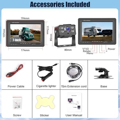 7 Inch AHD Backup Camera for Car Truck SUV, 1080P/720P Rear View Reverse Camera System with IPS Monitor, 49ft Cable, Waterproof, Night Vision, Adjustable Parking Lines, Plug and Play Installation in Kuwait