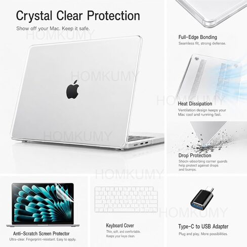 Compatible with MacBook Air 13 inch Case M5 2026-2022 M4 M3 M2 Chip A3449 A3240 A3113 A2681, Crystal Clear Hard Shell & Keyboard Cover & Screen Protector & Type-C for MacBook Air 13.6, Transparent in Saudi Arabia