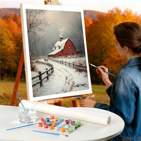 AUKVLZS Winter Farm Scene Paint by Numbers Kit for Adults, Modern Aesthetic Paint by Number on Canvas, Abstract Art Digital Oil Painting Kits Suitable for Home Wall Decoration Gift 16"x 20" in Saudi Arabia