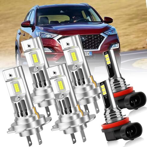LED Headlight Bulbs, 6000K White Front Light Combo, H7 High Beam & H7 Low Beam & H11 Fog Lights with Built-in Fan for Hyundai Tucson 2016-2018, 12-24V, 6pcs/Pack in Kuwait