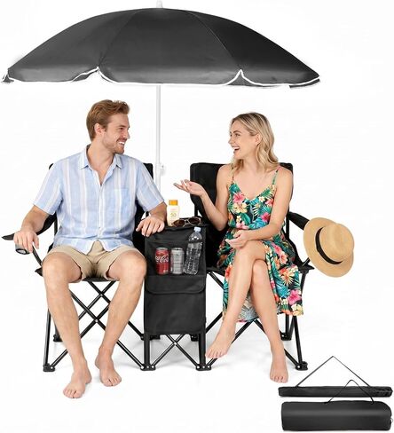 Outvita Folding Double Camping Chair w/Umbrella Beverage Holder Carrying Bag Cooler Fold Up Table, Large Bearing Capacity for Beach Patio Pool Park Outdoor Black in Saudi Arabia