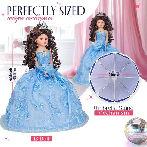 18" Quinceañera Last Doll with Umbrella Dress Stand – Última Muñeca Mis Quince Años Keepsake, Traditional Hispanic Mis 15 Doll, Ceremony & Table Centerpiece, Fully Accessorized KK18725-4 (Baby Blue) in Saudi Arabia