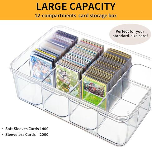 Portable Card storage box with 12 Removable Containers,Storage Box with lid for 2000+ Cards Fits for Standard Cards, TCG, PTG and Sport Cards, with 10 Soft Sleeves(clear,1pack) in Saudi Arabia