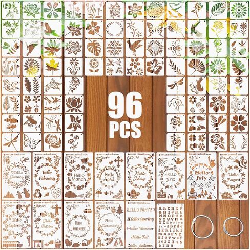 BATHRINS 96 Pcs Stencils Set for Painting Reusable Stencil Crafts Flowers & Letters Drawing Templates for Wall, Fabric Art, Wood, Scrapbook, Home Signs in Saudi Arabia