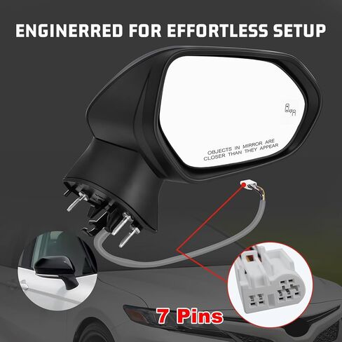 Passenger Side Door Mirror Replacement for 2018–2024 Toyota Camry, Heated, Blind Spot Monitor, Turn Signal Light, Power Adjustment, 7-Pin, Black, Side View Mirror Assembly, Replaces TO1321368 in Kuwait