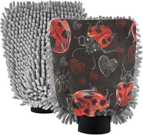 قفاز غسيل وتجفيف السيارة من ALAZA Lady Bug Hearts خالٍ من الخدوش، عبوتان من الألياف الدقيقة الماصة/الشانيل للغسيل والتجفيف، مقاس M in Kuwait