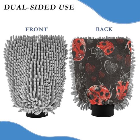 قفاز غسيل وتجفيف السيارة من ALAZA Lady Bug Hearts خالٍ من الخدوش، عبوتان من الألياف الدقيقة الماصة/الشانيل للغسيل والتجفيف، مقاس M in Kuwait