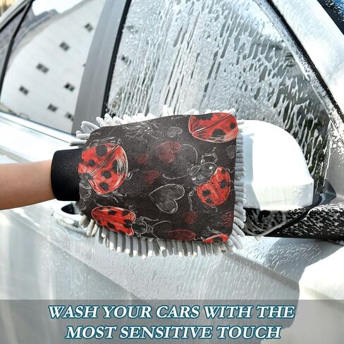 قفاز غسيل وتجفيف السيارة من ALAZA Lady Bug Hearts خالٍ من الخدوش، عبوتان من الألياف الدقيقة الماصة/الشانيل للغسيل والتجفيف، مقاس M in Kuwait