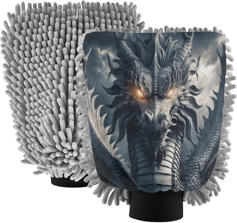 ALAZA Dragon Portrait Magic Car Wash Mitt Scratch Free, 2 Pack Absorbent Microfiber/Chenille Washing & Drying Mitts, L in Kuwait