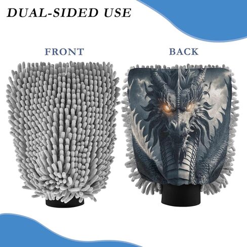 ALAZA Dragon Portrait Magic Car Wash Mitt Scratch Free, 2 Pack Absorbent Microfiber/Chenille Washing & Drying Mitts, L in Kuwait
