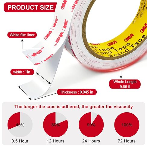 3M Double Sided Tape,1in X 9.85ft Heavy Duty Removable Mounting Tape for Wall, White Sticky Foam Tape, Picture Hanging Strips, Waterproof Adhesive Strips for LED Light in Saudi Arabia