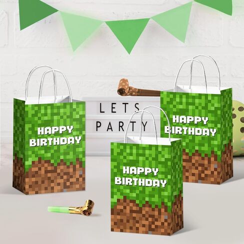 24Pcs Video Game Goodie Bags Pixel Happy Birthday Party Gift Bag Gaming Theme Treat Bags Green Brown Party Decorations for Boys Girls Kids Teenagers Gamer Birthday Parties Supplies in Saudi Arabia