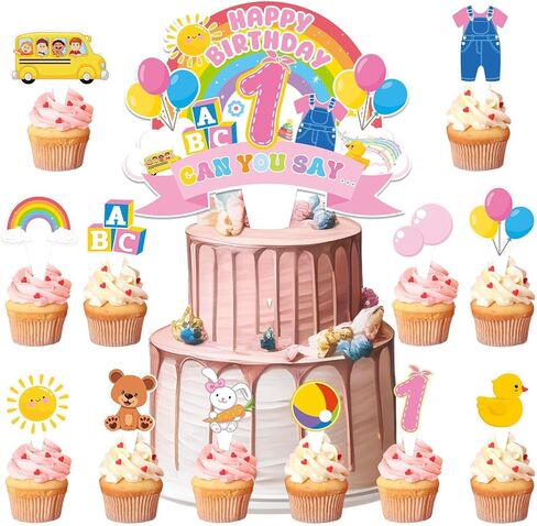 26Pcs Cartoon Girls 1st Happy Birthday Cake Toppers Cartoon Teacher Cupcake Toppers English Teacher Rainbow ABC Bus Dessert Cake Decorations for One Year Old First Birthday Classroom Party Supplies in Saudi Arabia
