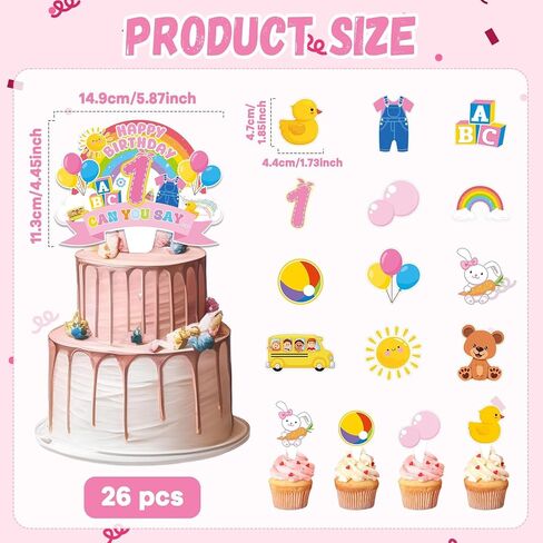 26Pcs Cartoon Girls 1st Happy Birthday Cake Toppers Cartoon Teacher Cupcake Toppers English Teacher Rainbow ABC Bus Dessert Cake Decorations for One Year Old First Birthday Classroom Party Supplies in Saudi Arabia
