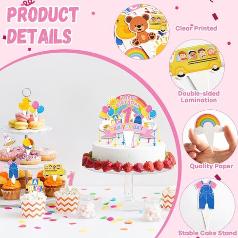 26Pcs Cartoon Girls 1st Happy Birthday Cake Toppers Cartoon Teacher Cupcake Toppers English Teacher Rainbow ABC Bus Dessert Cake Decorations for One Year Old First Birthday Classroom Party Supplies in Saudi Arabia