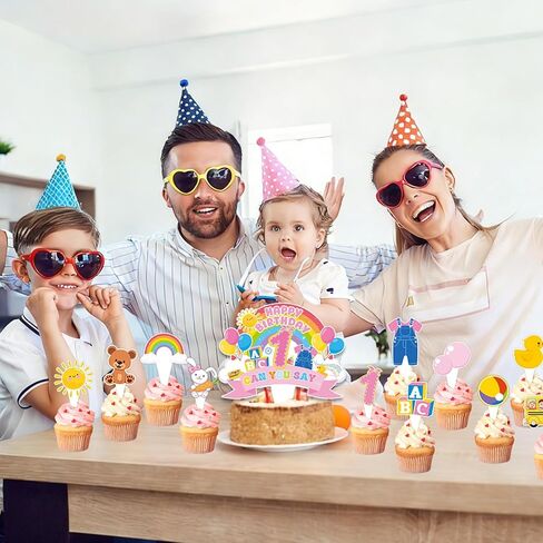 26Pcs Cartoon Girls 1st Happy Birthday Cake Toppers Cartoon Teacher Cupcake Toppers English Teacher Rainbow ABC Bus Dessert Cake Decorations for One Year Old First Birthday Classroom Party Supplies in Saudi Arabia