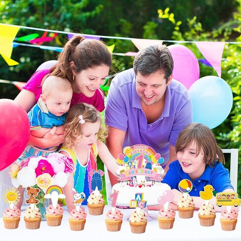 26Pcs Cartoon Girls 1st Happy Birthday Cake Toppers Cartoon Teacher Cupcake Toppers English Teacher Rainbow ABC Bus Dessert Cake Decorations for One Year Old First Birthday Classroom Party Supplies in Saudi Arabia