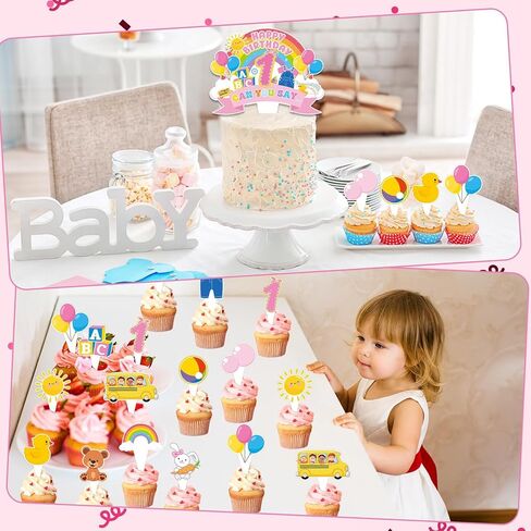 26Pcs Cartoon Girls 1st Happy Birthday Cake Toppers Cartoon Teacher Cupcake Toppers English Teacher Rainbow ABC Bus Dessert Cake Decorations for One Year Old First Birthday Classroom Party Supplies in Saudi Arabia