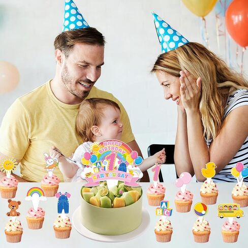 26Pcs Cartoon Girls 1st Happy Birthday Cake Toppers Cartoon Teacher Cupcake Toppers English Teacher Rainbow ABC Bus Dessert Cake Decorations for One Year Old First Birthday Classroom Party Supplies in Saudi Arabia