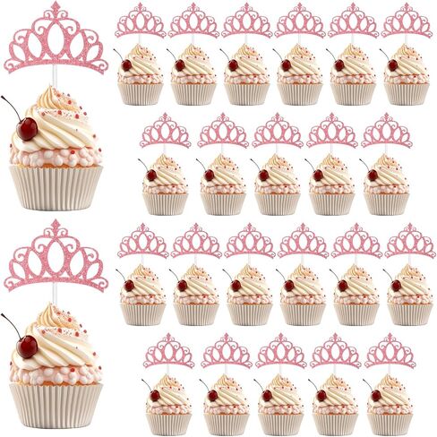 24 Pcs Crown Cupcake Toppers Pink Princess Cupcake Toppers Glitter Queen Crown Cupcakes Picks for Queen Princess Theme Baby Shower Girls Wedding Birthday Party Cake Decorations Supplies in Saudi Arabia
