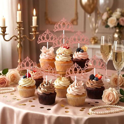 24 Pcs Crown Cupcake Toppers Pink Princess Cupcake Toppers Glitter Queen Crown Cupcakes Picks for Queen Princess Theme Baby Shower Girls Wedding Birthday Party Cake Decorations Supplies in Saudi Arabia