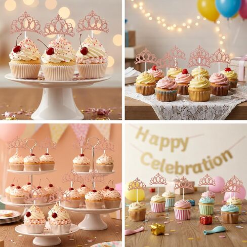 24 Pcs Crown Cupcake Toppers Pink Princess Cupcake Toppers Glitter Queen Crown Cupcakes Picks for Queen Princess Theme Baby Shower Girls Wedding Birthday Party Cake Decorations Supplies in Saudi Arabia