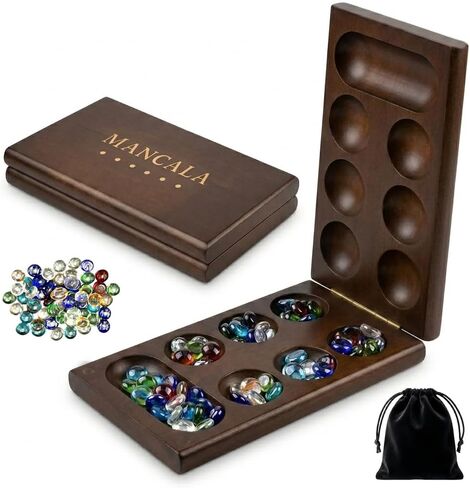 Wooden Mancala Board Game, Foldable Board with Magnetic Closure, 58 Multicolor Glass Stones, Storage Bag Included, Classic 2 Player Strategy Game for Adults, Family & Travel Game in Saudi Arabia