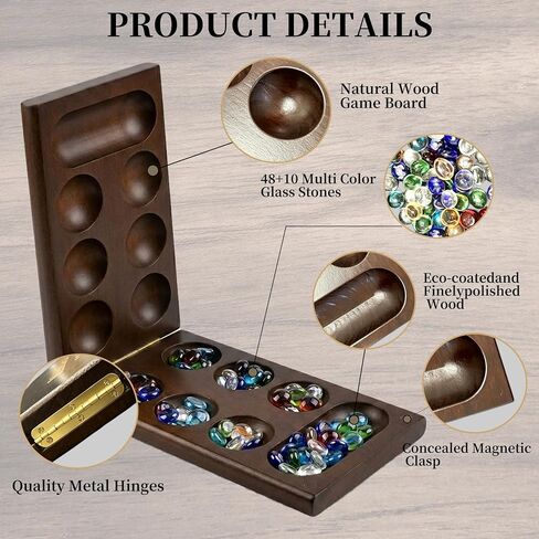 Wooden Mancala Board Game, Foldable Board with Magnetic Closure, 58 Multicolor Glass Stones, Storage Bag Included, Classic 2 Player Strategy Game for Adults, Family & Travel Game in Saudi Arabia