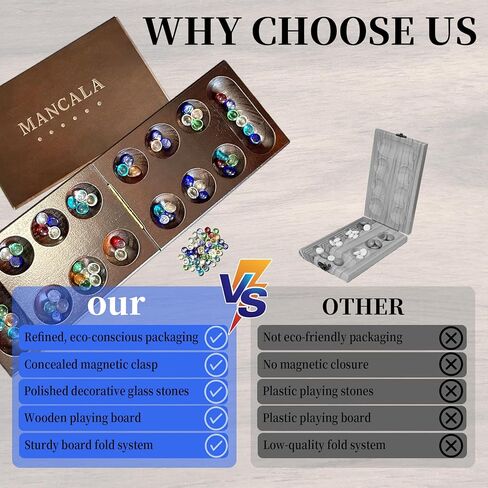 Wooden Mancala Board Game, Foldable Board with Magnetic Closure, 58 Multicolor Glass Stones, Storage Bag Included, Classic 2 Player Strategy Game for Adults, Family & Travel Game in Saudi Arabia