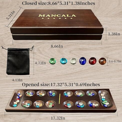 Wooden Mancala Board Game, Foldable Board with Magnetic Closure, 58 Multicolor Glass Stones, Storage Bag Included, Classic 2 Player Strategy Game for Adults, Family & Travel Game in Saudi Arabia