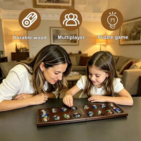 Wooden Mancala Board Game, Foldable Board with Magnetic Closure, 58 Multicolor Glass Stones, Storage Bag Included, Classic 2 Player Strategy Game for Adults, Family & Travel Game in Saudi Arabia