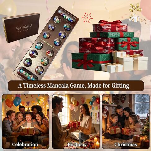 Wooden Mancala Board Game, Foldable Board with Magnetic Closure, 58 Multicolor Glass Stones, Storage Bag Included, Classic 2 Player Strategy Game for Adults, Family & Travel Game in Saudi Arabia