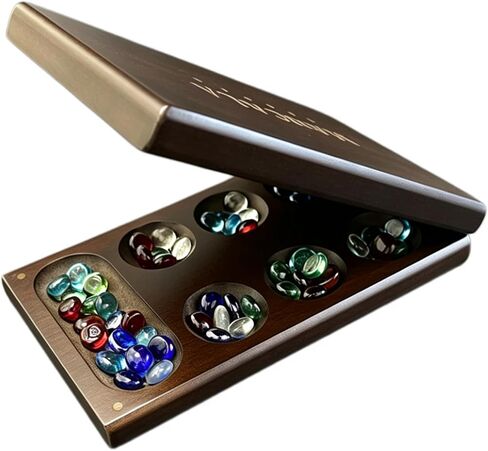 Wooden Mancala Board Game, Foldable Board with Magnetic Closure, 58 Multicolor Glass Stones, Storage Bag Included, Classic 2 Player Strategy Game for Adults, Family & Travel Game in Saudi Arabia