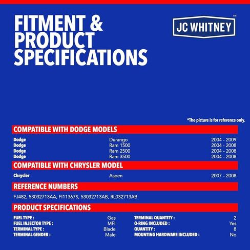 JC Whitney JFBAJCWFI00018 Set of 8 Fuel Injectors - Compatible with Chrysler Aspen 2007-2008, Dodge Durango 2004-2009, Ram 1500 2004-2008, Ram 2500 2004-2008, Ram 3500 2004-2008 - 5.7L Cyl.8 in Saudi Arabia