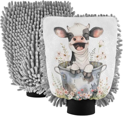 قفاز غسيل السيارات من ALAZA Baby Cow Grass خالٍ من الخدوش، عبوتان من قفازات الغسيل والتجفيف المصنوعة من الألياف الدقيقة الماصة/الشانيل، مقاس L in Kuwait