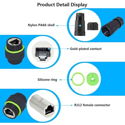 PENGLIN 2PCS Waterproof RJ12 Panel Mount Coupler, CAT3 RJ11/RJ12 6P6C Female to Female Mount Connector, for Voice Communication Telephone Modem in Kuwait