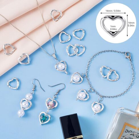 Pagow 100pcs Metal Heart Bead Frame, 14mm Hollow Beads, Silver Alloy Heart Loose Beads Craft for Jewelry Making Findings, Gift for Valentine's Day Birthday Christmas Pendants Decoration in Kuwait