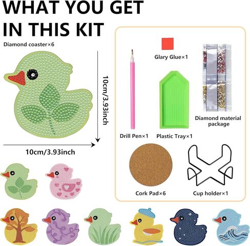 8 PCS Duck Pattern Diamond Art Coasters Kit with Holder – 3.9 Inch Non-Slip Cup Mats, DIY Gem Art for Home Decor & Unique Housewarming Gift in Kuwait
