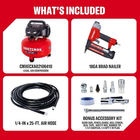 CRAFTSMAN 6 Gallon Pancake Air Compressor with 18GA Brad Nailer, Portable Oil-Free, 150 PSI, 2.6 SCFM @ 90 PSI, 10-Piece Accessory Kit, Model CMXECXA0210641D in Saudi Arabia