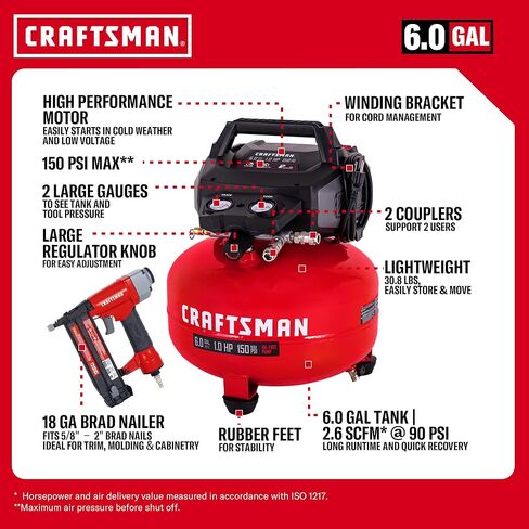 CRAFTSMAN 6 Gallon Pancake Air Compressor with 18GA Brad Nailer, Portable Oil-Free, 150 PSI, 2.6 SCFM @ 90 PSI, 10-Piece Accessory Kit, Model CMXECXA0210641D in Saudi Arabia