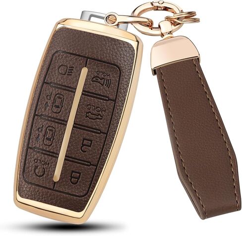 QBUC for Genesis Key Fob Cover with Keychain, Leather Texture Key Protection Case Fit for Genesis G70 G80 G90 GV70 GV80 GV90 8 Buttons Smart Key (Beige, 8-Button) in Kuwait