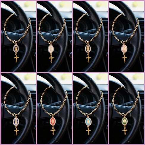 8 Pcs Steering Wheel Rosary Charm, Christian Car Accessories with Cross Pendant, Religious Hanging Protection Charms Set, Jesus Car Accessories for Rearview Mirror Dashboard Decor in Saudi Arabia