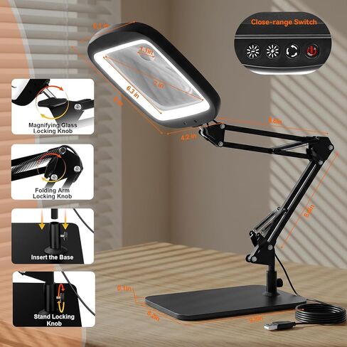 10X 30X Extra Large Magnifying Glass with Light and Stand,7-inch Lighted Magnifying Glass,5 Color Modes Stepless Dimmable,Rectangle Hands-Free Magnifier Desk Lamp for Reading Craft DIY Close Work Bl in Kuwait