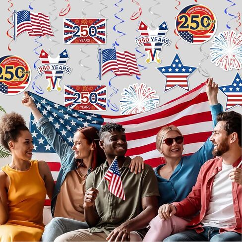 USA 250th Anniversary Hanging Swirls, 30Pcs United States 250 Years Ceiling Streamers Hanging Ornaments for American Anniversary Party Decorations in Saudi Arabia