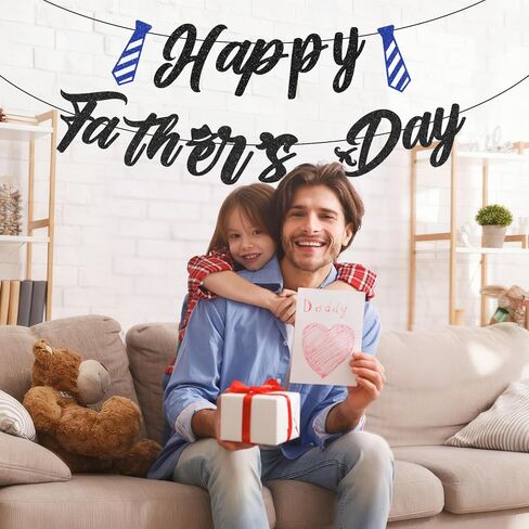 Happy Father’s Day Banner – Pre-Strung Black Letter Glitter Garland with Blue Tie Cutouts for Dad Appreciation, Father’s Day Party Decorations, Home Décor in Saudi Arabia