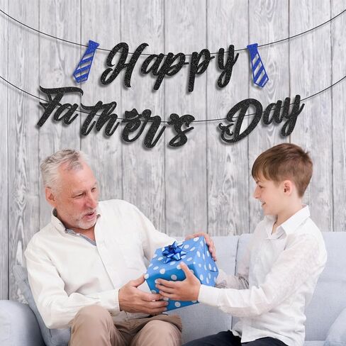 Happy Father’s Day Banner – Pre-Strung Black Letter Glitter Garland with Blue Tie Cutouts for Dad Appreciation, Father’s Day Party Decorations, Home Décor in Saudi Arabia